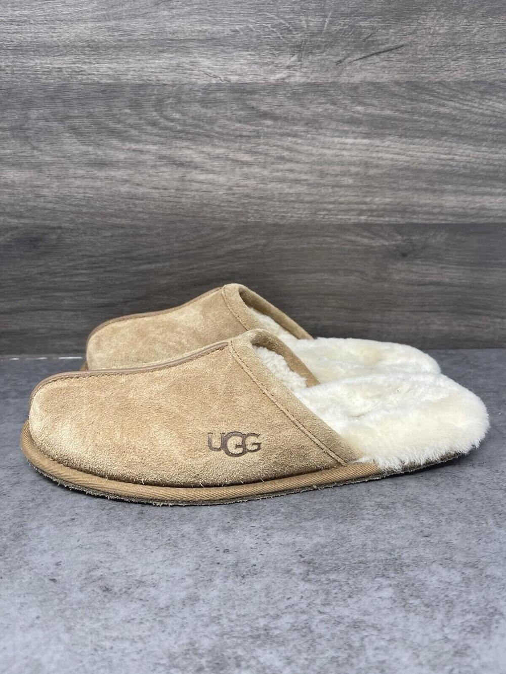 UGG Scuff Slippers Mens Size 8 Brown Suede Fur Slip On